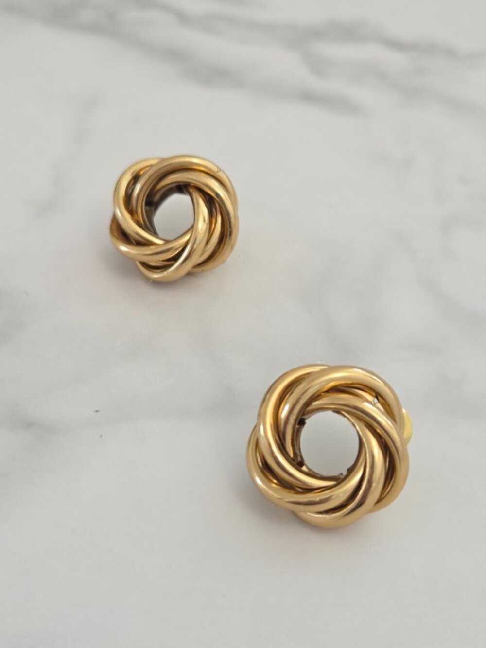 Gold Stainless Steel Woven Love Knot Stud Earrings Chunky Textured Swirl Hoop - Picture 7 of 11